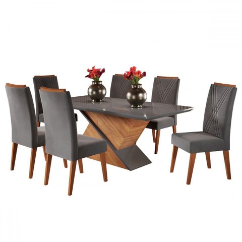Mesa de Jantar 6 Lugares Stela com Vidro Mel/cinza/grafite - Viero Móveis