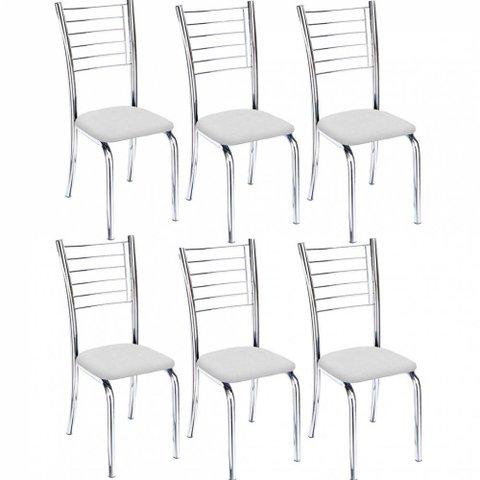 Kit 6 Cadeiras Iara Cromada para Cozinha Corino Branco