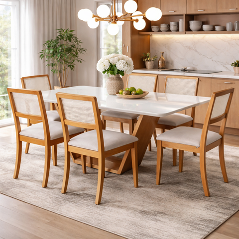 Mesa de Jantar 6 Lugares 160x90 Madeira Maciça Safira Tampo Vidro Off White