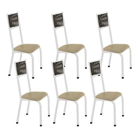 Kit 6 Cadeiras Sofia Corino Creme e Fibra Nautica Preta Tubo Branco