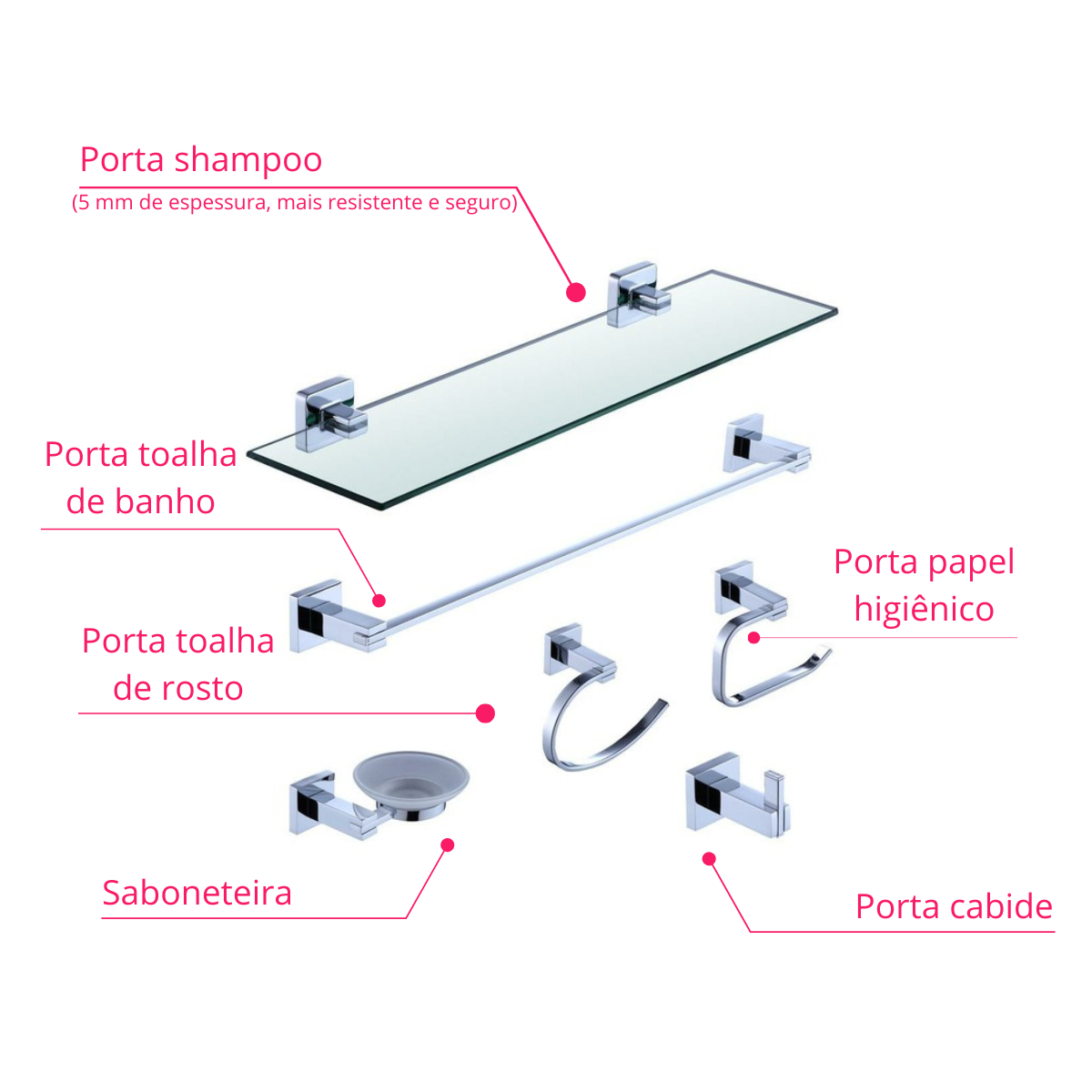 Kit Acessórios de Banheiro Lavabo 6 Peças Cromado Luxo Ikab03 - 9