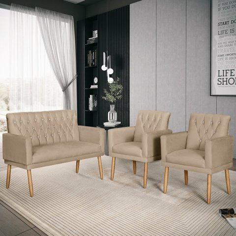 Kit Lauren Namoradeira para Sala + 2 Poltronas Decorativas Cappuccino