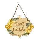 Ver imagem 1 de Placa de Porta Decorativa Amarela Frases Bem Vindo Flores