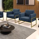 Ver imagem 2 de Kit 2 Poltronas Base Industrial Alta Dourado Marisa Suede D03 - D’Rossi Azul Marinho