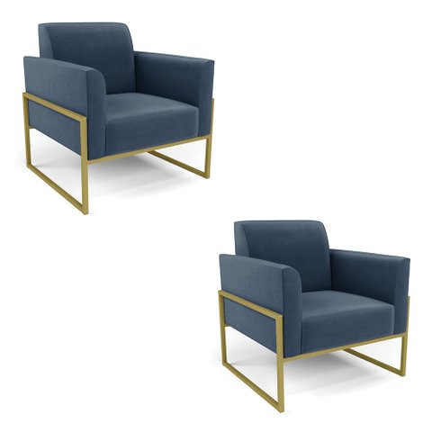 Kit 2 Poltronas Base Industrial Alta Dourado Marisa Suede D03 - D’Rossi Azul Marinho