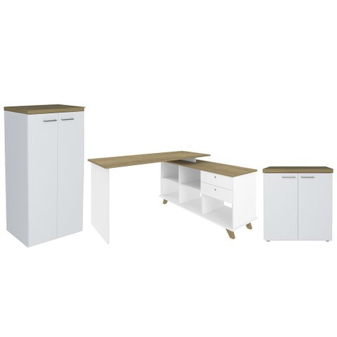 Conjunto Escritório 3 Peças Mesa em L Golden A06 Olmo/branco - Mpozenato