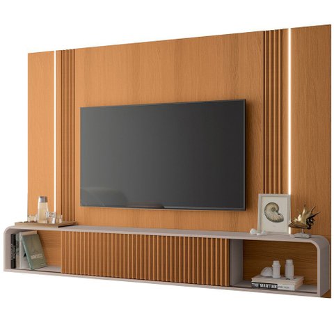 Painel para TV 85 pol com Bancada Suspensa e LED Zurick B01 Cinamomo Off White - Lyam Decor