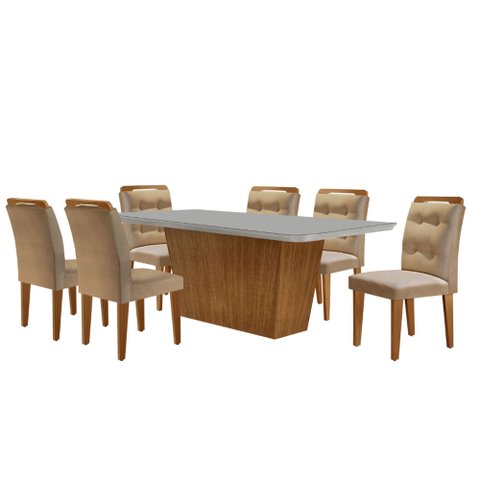 Mesa para Sala de Jantar Aida 180cm Mdf Canto Copo com Vidro e 6 Cadeiras Carol Moderna Mobília