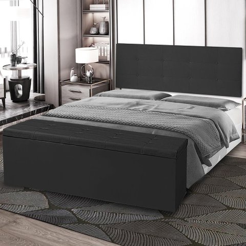 Kit Cabeceira Painel e Calçadeira Baú Queen 1,60m Berlim Material Sintético Preto Sky Mobile