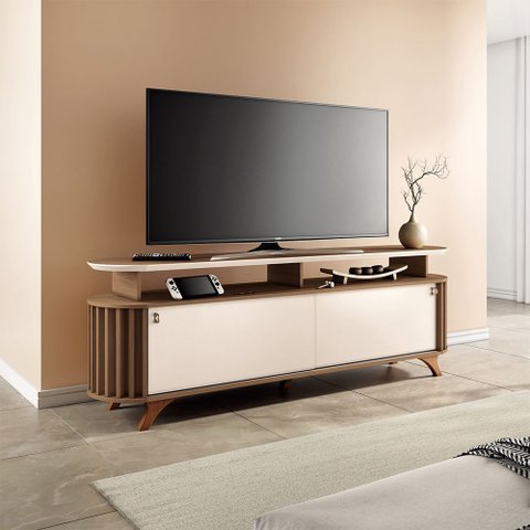 Bancada Decorativa Alba 1.8 Ripada para Tv até 70 Polegadas Castanho/off White G26 - Hb Móveis
