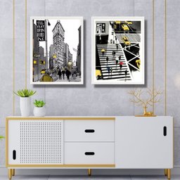 Kit 2 Quadros Figurativos New York - Preto Amarelo 24x18cm - com Vidro:moldura Preta - 1