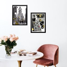 Kit 2 Quadros Figurativos New York - Preto Amarelo 24x18cm - com Vidro:moldura Preta - 2