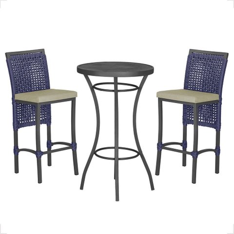 Mesa Bistrô e 2 Banquetas Roma Preta Corda Náutica Estofado 7 Trama Original