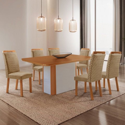 Mesa de Jantar Isadora 180 cm Tampo MDF Laminado Canto Copo com 6 Cadeiras Aline