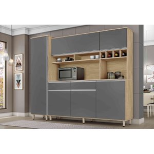 Cozinha Compacta com Armários, Balcões, Nichos e Adega Brasil Nature Cinza