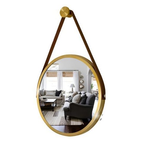 Espelho Redondo Adnet 40cm Suspenso Moderno Luxo - Dourado Alça Caramelo
