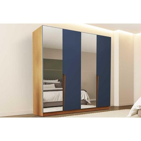 Guarda Roupa 4 Portas (2 C/ Espelho) e 4 Gavetas Porto Freijo/azul - Politorno