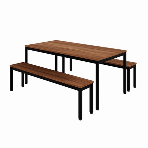 Mesa Cozinha e Refeitório 180cm x 90cm Pés Metal com 2 Bancos F5 Office Cor:Nogal com Preto
