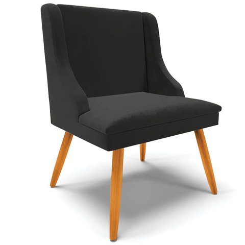 Poltrona Decorativa Pés Palito de Madeira Firenze Veludo Preto/Natural - Gran Belo