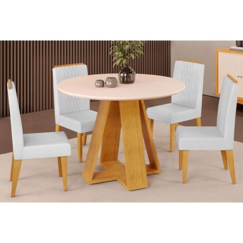 Sala de Jantar Completa Celeste Tampo Madeirado C/ Vidro Redondo 103x103cm e 4 Cadeiras Lia Cedro/