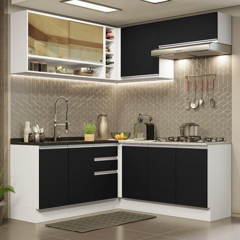Armário de Cozinha Completa de Canto 349cm Branco Preto Glamy Madesa 02