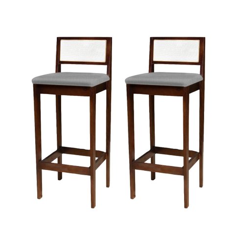 Kit 2 Banquetas Madeira para Churrasqueira com Encosto Fibra Indiana: Imbuia com Linho Cinza