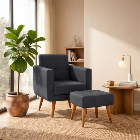 Kit Poltrona Decorativa com Puff Pequim Veludo Matrix Cor:veludo Cinza