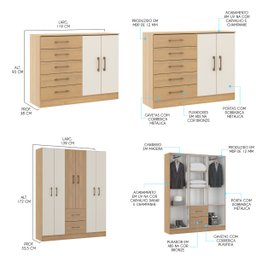 Kit Quarto Casal Completo com Guarda Roupa Cômoda Carvalho - 3