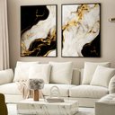 Ver imagem 1 de Kit Quadro Decorativo 2 Telas Mármore Elegante Luxo Preto e Dourado Tacolado Moldura Caixa 3cm Preta