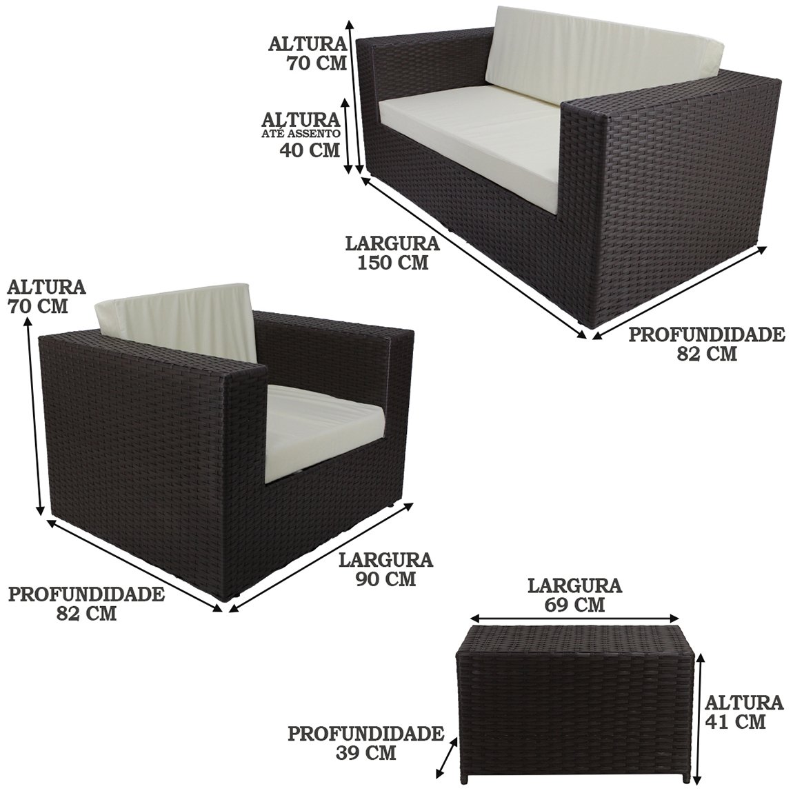 Conjunto 2 Poltronas 1 Namoradeira e Mesa Assento Estofado - Branco Gelo Tabaco - Classe A - 3