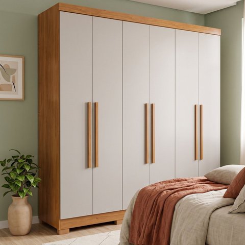 Guarda Roupa Casal 6 Portas 2 Gavetas com Cabideiro e Prateleiras 180x205x47cm Off White/Cinamomo