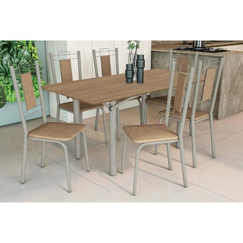 Conjunto: Mesa Sala Jantar Elba C/ Tampo de Madeira 160cm e 6 Cadeiras Florença Niquel/nogueira -