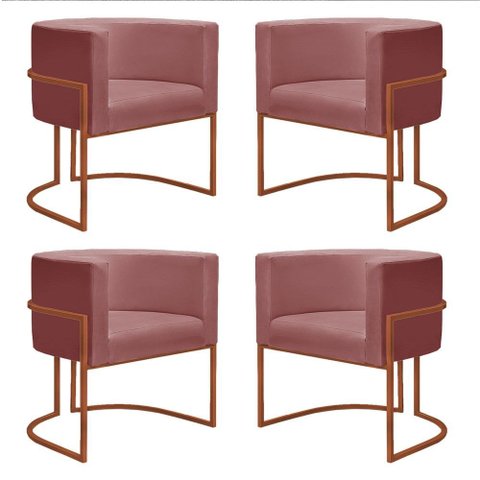 Kit 4 Poltronas Reforçadas Decorativa Sala Nayara Base Ferro Bronze Suede Rose