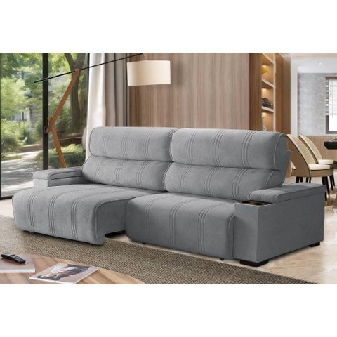 Sofá Retrátil e Reclinável Milão 3 Lugares Cinza 2,90m Suede com Porta Copos Sofá Casa