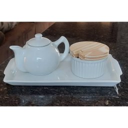 Jogo Café e Chá, Bandeja + Bule Chaleira 400ml + Açucareiro Ramequim 250ml - Porcelana Branca - 3