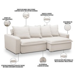 Sofá Retrátil Reclinável para Sala de Estar Living 235cm Vêneto F04 Bouclê Cru - Lyam Decor - 4