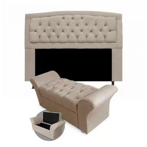 Kit Cabeceira Geovana e Calçadeira Veneza Solteiro 90cm Suede Renascer Decor:Bege