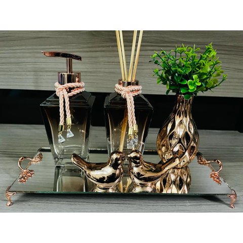 Kit Lavabo Pia Jogo Saboneteira Rose Marrom Vasinho Planta