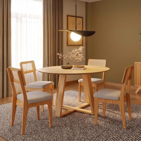 Conjunto Sala de Jantar Mesa Redonda Giratória 130cm com 4 Cadeiras MDF Palha Sintética Carvalho Ros