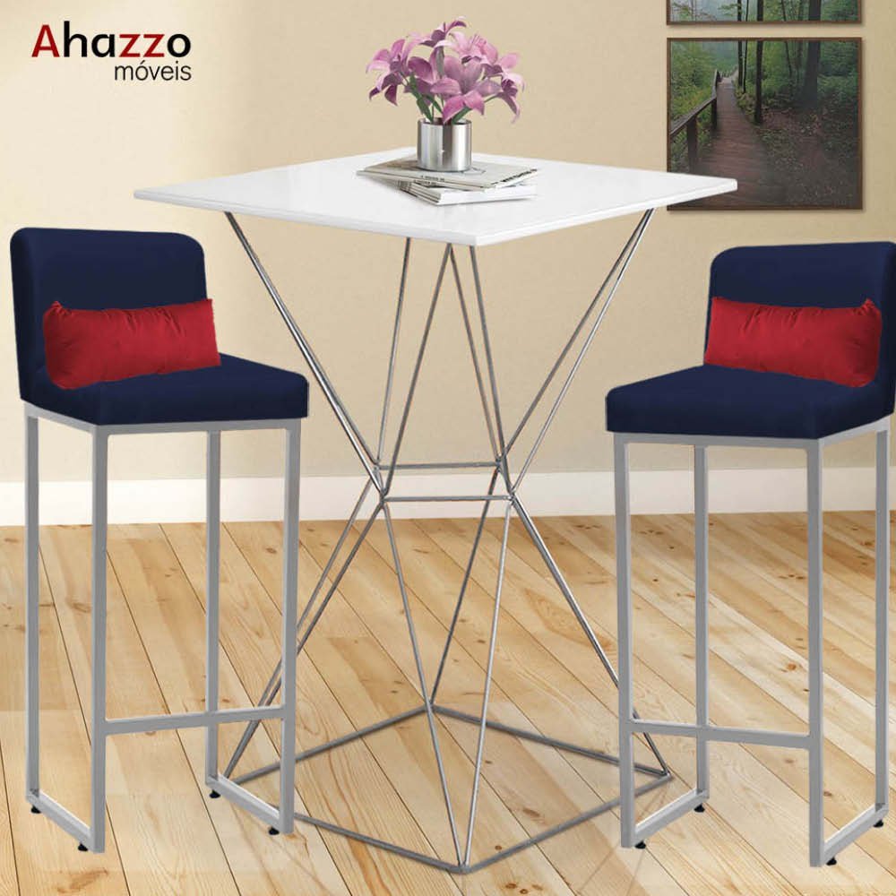 Kit Mesa Bistrô Lucca e 3 Banqueta Lucca Tampo Branco Ferro Prata Sintético Azul Marinho e Almofada  - 2