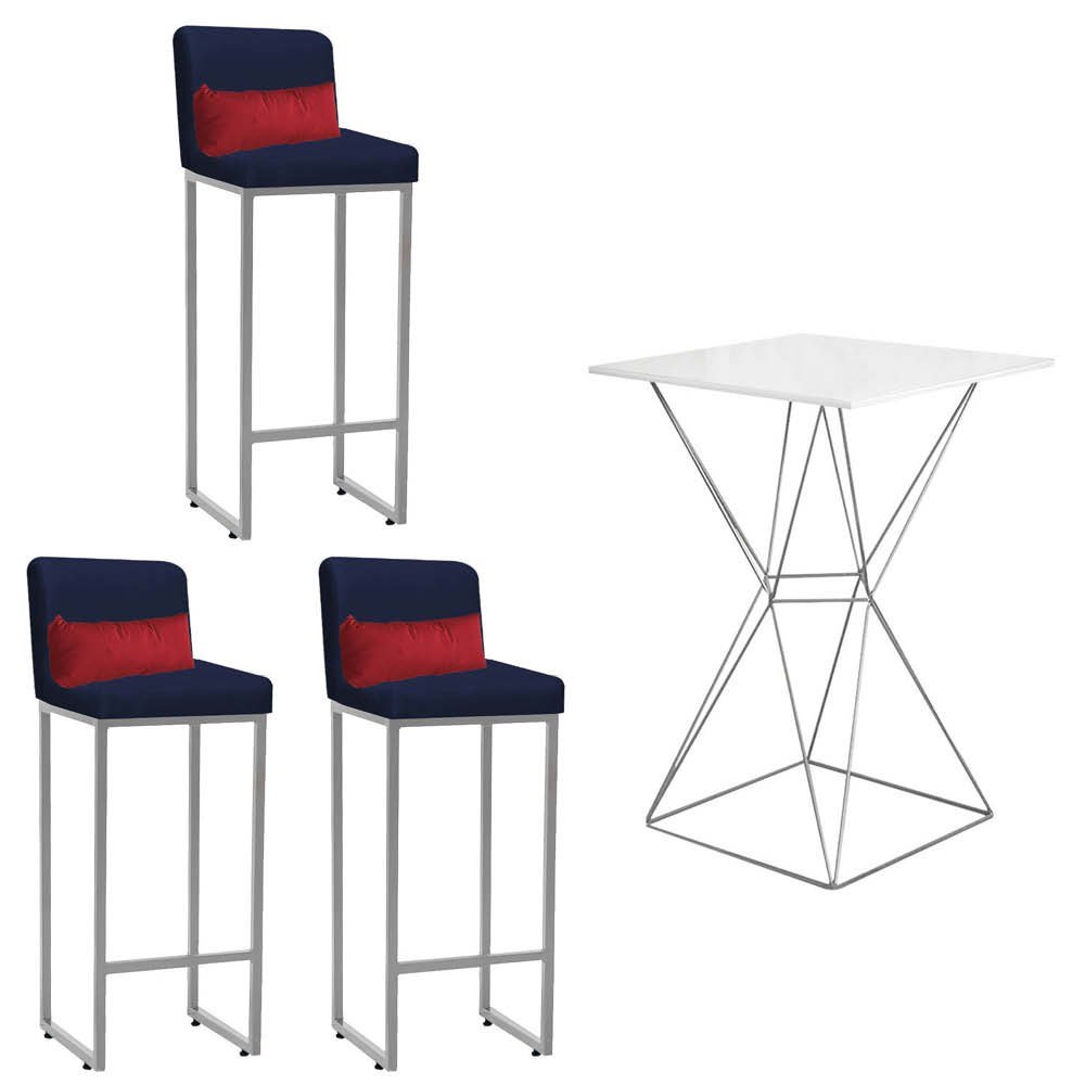 Kit Mesa Bistrô Lucca e 3 Banqueta Lucca Tampo Branco Ferro Prata Sintético Azul Marinho e Almofada  - 1