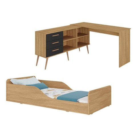 Kit Cama Infantil Montessoriana com Escrivaninha L 3 Gavetas Aura Multimóveis MP4821 Madeirado/Preto