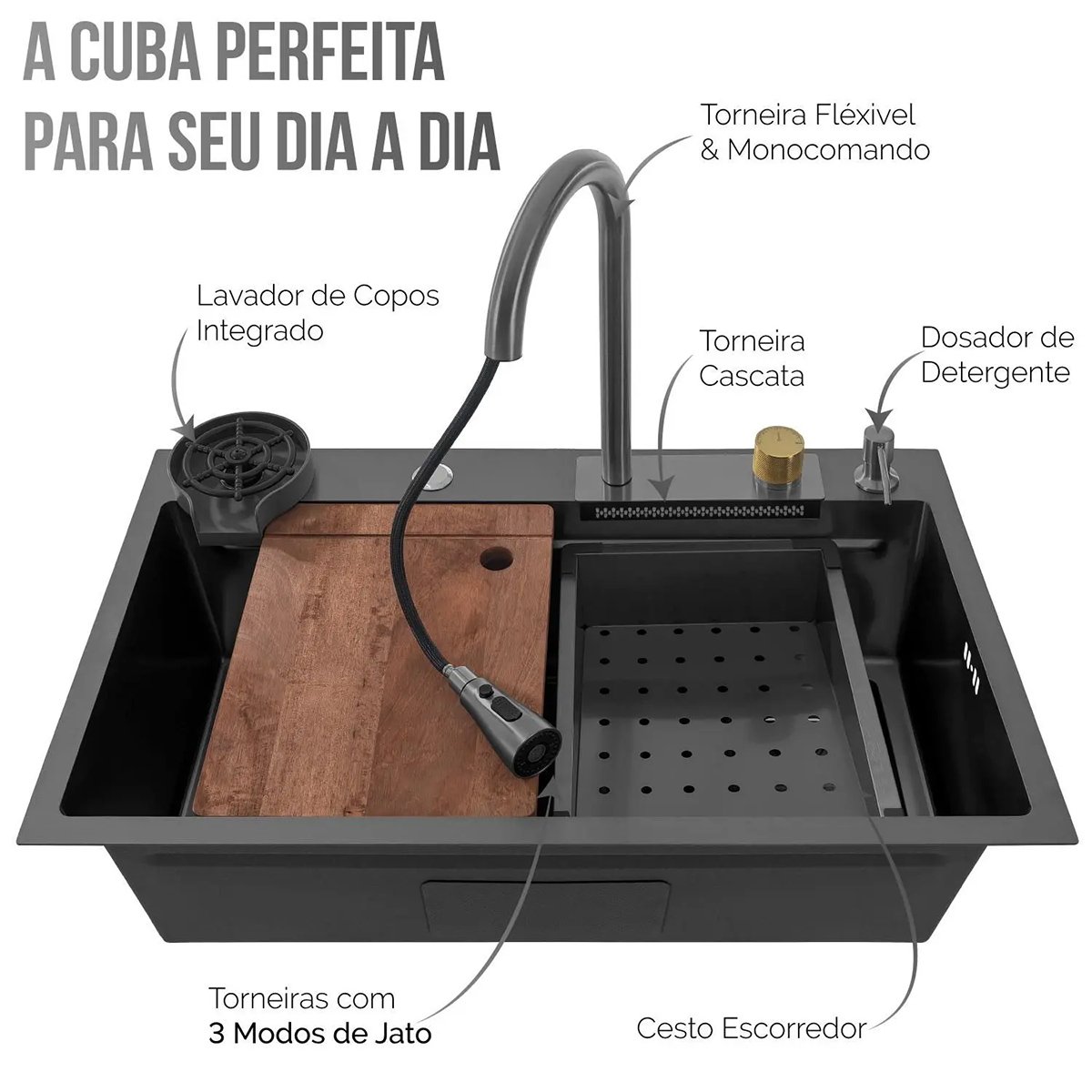 Cuba Cascata Pia Cozinha Torneira Luxo Goumert Lavador Copo Dispenser Bancada Aço Inox Premium Compl - 4