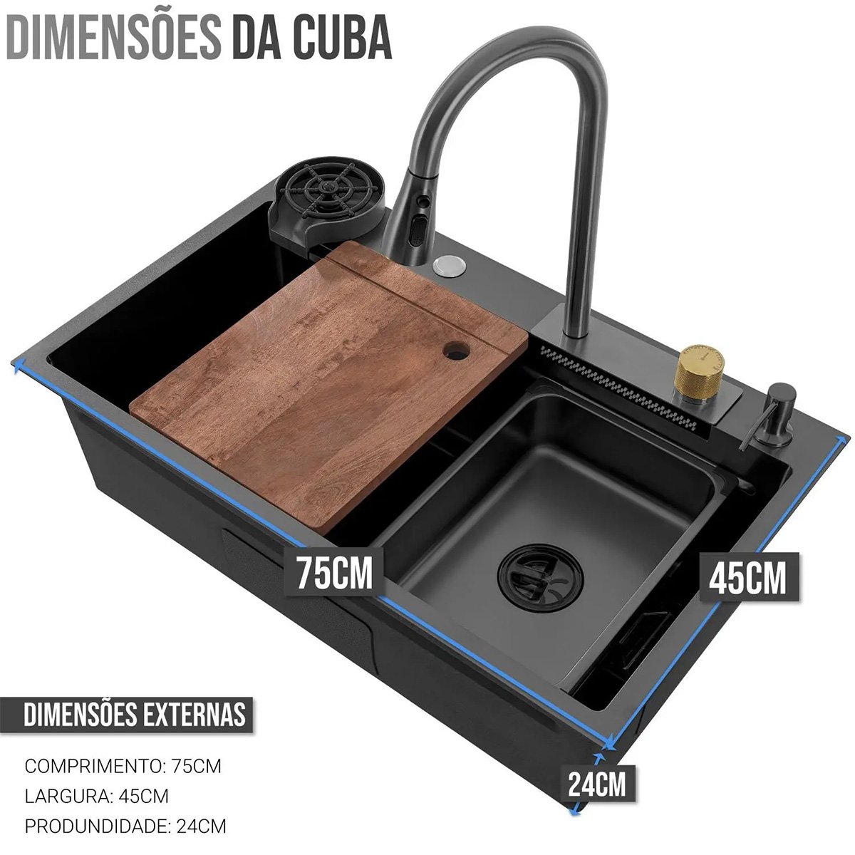 Cuba Cascata Pia Cozinha Torneira Luxo Goumert Lavador Copo Dispenser Bancada Aço Inox Premium Compl - 2