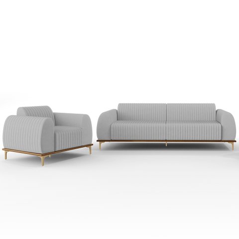 Kit Sofá 2 Lugares Sala Estar 150cm e Poltrona Molino Pés D'ouro D02 Linho Cinza D-315 - Lyam