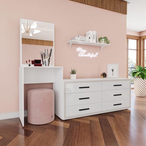 Cômoda Penteadeira Valência 6 Gavetas Espelho 209x160cm Branco 250802