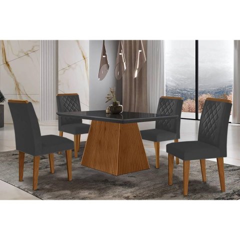 Conjunto: Mesa Sala Jantar Luna C/ Tampo Madeirado C/ Vidro Canto Curvo 120x80cm e 4 Cadeiras Jade
