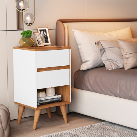 Mesa Duda Mesinha de Cabeceira Pés Palito Criado Estilo Retrô, Cantinho Decorado Quarto 2 Gavetas 1