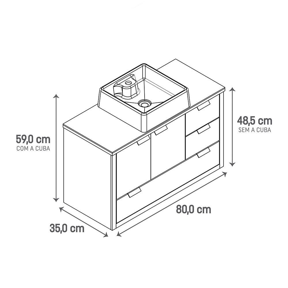 Conjunto Gabinete Balcão com Gaveta e Porta em Mdp Cuba Branca e Tampo de Vidro para Banheiro - 4