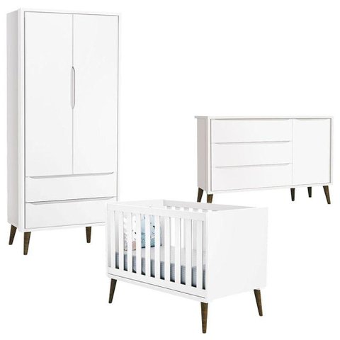 Quarto de Bebê Theo 2 Portas com Cômoda com Porta Branco Acetinado com Pés Amadeirado - Reller